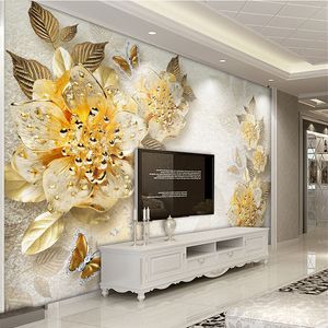 Fond d'écran 3D de style européen Golden Diamond Flower Bijoux Backdrop Peinture murale Murales Hôtel Salon TV Canapé Home Décor 3 D