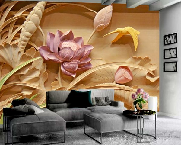 3d papier peint pour chambre 3d en relief rose Lotus papier peint fleur romantique décoratif soie 3d papier peint Mural