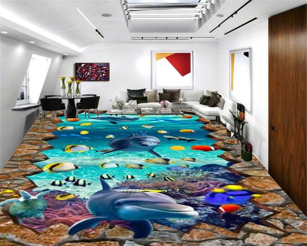 Papel tapiz 3d para el piso Living Peces y delfines Sala de estar Dormitorio TV Fondo Papel tapiz de pared