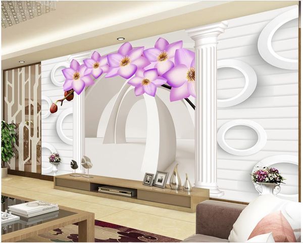 3d papier peint pour salle 3D colonne stéréo espace colonne romaine Phalaenopsis TV toile de fond mur personnalisé 3d papier peint
