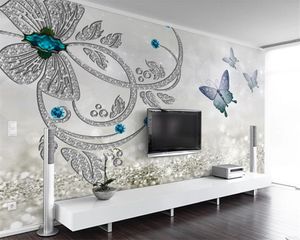 Papel tapiz 3d para paredes, papel tapiz Mural 3d decorativo de lujo con flores de cristal europeo, mariposa, joyería, TV, fondo de pared