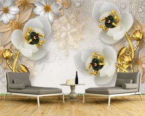 3d papier peint pour murs luxe luxe bijoux blanc Lotus TV fond mur romantique fleur décoratif soie Mural papier peint