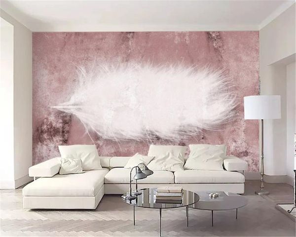 Papel tapiz 3d, pluma blanca suave, fondo rosa Retro, pared, impresión Digital HD, papel de pared de humedad