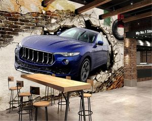 Papier peint 3d salon voiture bleue atmosphérique mur cassé personnalité 3D HD décorations intérieures supérieures papier peint