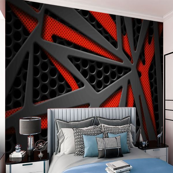 Papel pintado 3D Sala de estar impresa Fondos de pantalla Líneas grises rojas Formas geométricas