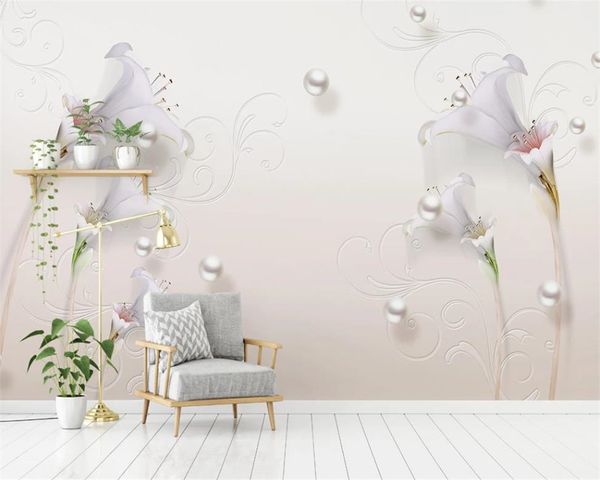 Fond d'écran 3D Living Room Simple Bijoux en trois dimensions Lily romantique fleur décorative soie murale Fond d'écran