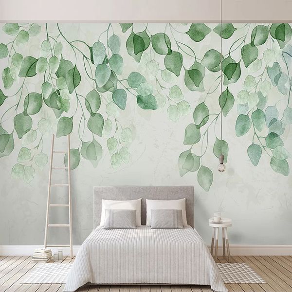 Papier peint 3D moderne feuilles vertes aquarelle peinte à la main fresque pastorale salon TV chambre peinture murale Papel De Parede 3D