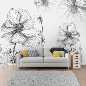 Fond d'écran 3D peint à la main moderne peint noir et blanc de fleur fleur mur mural salon abstrait art floral peinture murale 3d