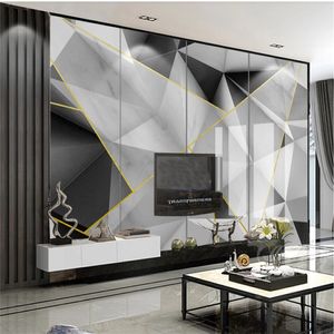 Papel pintado 3D moderno simple tridimensional geométrico línea de oro gris y blanco Mármol de TV de pared