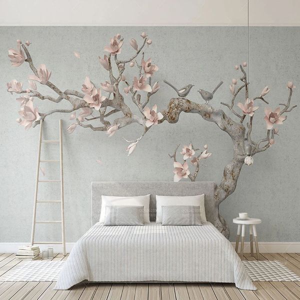 Papier peint 3D stéréo moderne, branche d'arbre de Magnolia rose, peintures murales pour salon, TV, canapé, chambre à coucher, décoration de maison, fresque de fond