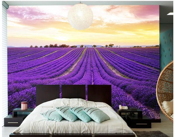 Papel tapiz 3D Mural decoración foto de fondo original hermoso lavanda púrpura campo de flores TV fondo pintura mural Arte Mural para Living Ro
