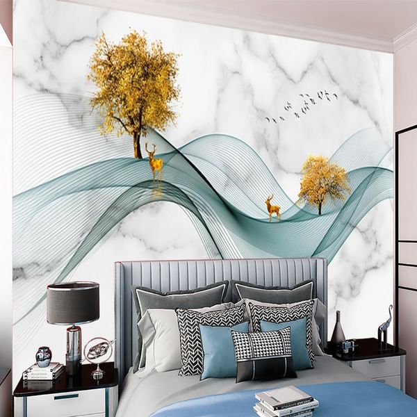 Papier peint Mural 3d arbre doré Simple, parapluie en papier, salon, chambre à coucher, fond de télévision, papier peint blanc et bleu