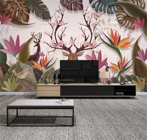 Papier peint 3d plante tropicale nordique feuille de bananier wapiti moderne minimaliste décoratif intérieur fond mur HD beau papier peint