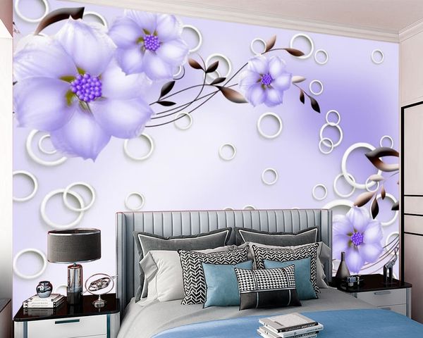 Papel tapiz 3d Flor púrpura Mejoras para el hogar Papel de pared Romántico Floral Impresión digital Pintura Cocina Habitación Mural