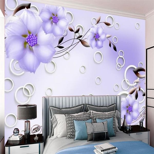 Papel tapiz 3d flor púrpura mejoras para el hogar papel de pared romántico Floral Impresión Digital pintura cocina habitación Mural297h