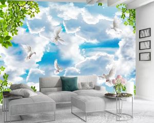 Papel tapiz 3d cielo hermoso nubes blancas pájaros voladores 3d paisajismo