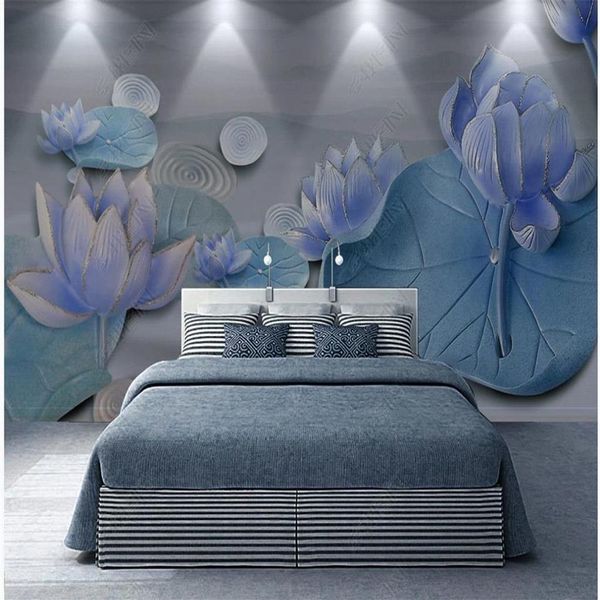 Papier peint 3D en relief tridimensionnel, étang de lotus, clair de lune, décoration murale de fond de salon, peinture 260Q