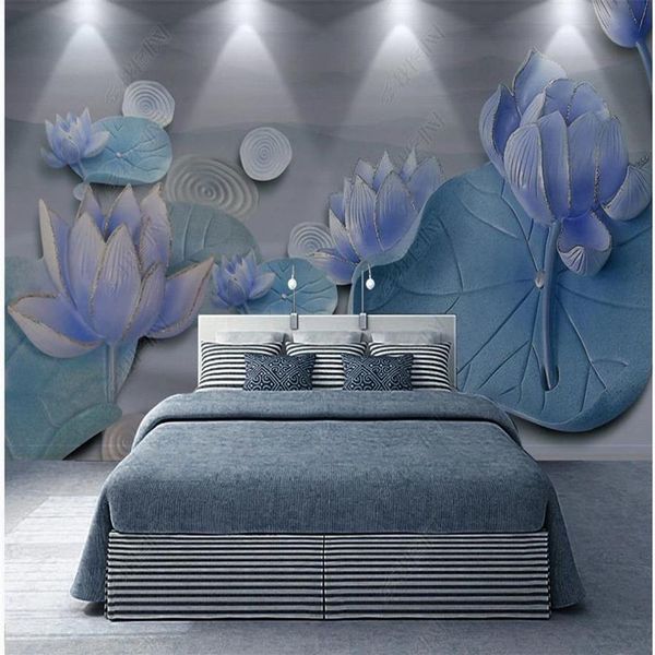 Papel tapiz 3D relieve tridimensional estanque de loto luz de la luna fondo de sala decoración de pared pintura 233w