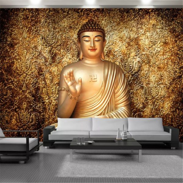 Carta da parati 3D Carte da parati Tridimensionale Statua di Buddha dorato Decorazione interna Decorazione domestica di buon auspicio Pittura Murale Sfondi