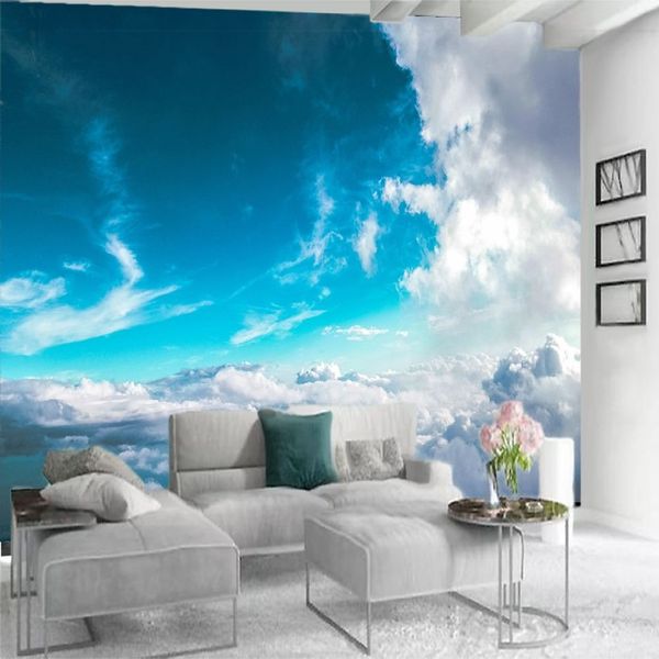 Papel tapiz 3d paredes Hermoso cielo azul y nubes blancas Paisaje romántico Sala de estar Dormitorio Cocina Mural de seda decorativo Wallpape185n