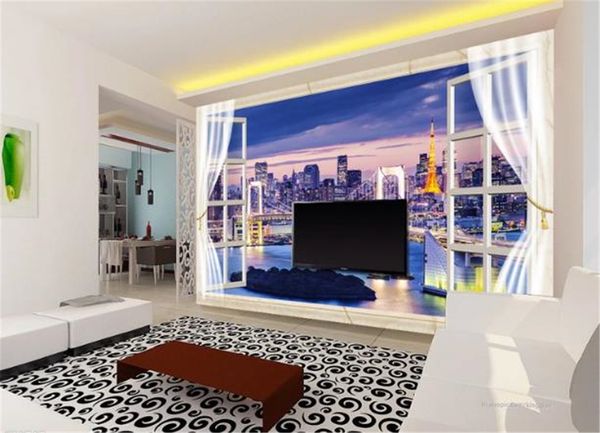 3D papier peint fenêtre 3D ville belle nuit vue salon TV fond lié mur peinture papier peint