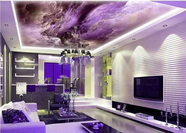 Papier peint 3dFond d'écran de plafond européen Romantique violet peinture colorée nuage ciel étoile plafond intégré zénith