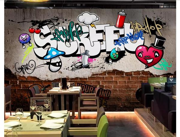 Fonds d'écran 3D personnalisé photo murale papier peint européen rétro rue graffiti mur de briques cassé bar bar restaurant fond papel de parede