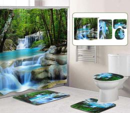 3D cascade paysage imperméable rideau de douche salle de bain paysage arbres fleur tapis de bain ensemble piédestal tapis couvercle couverture de toilette T2001024165214