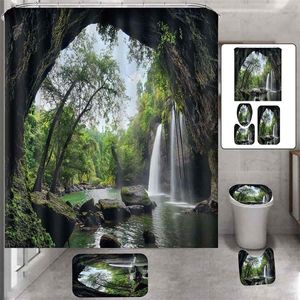 3D Waterval View Forest Landschap Badkamer Set Waterdichte Vezel Douchegordijn Antislip Bad Mat Set Toiletzitting Cover Tapijt LJ201130