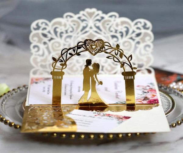 Cartes d'invitation de mariage 3D Laser métallique doré évider les mariées et les mariés invitations pop-up réfléchissantes pour les fiançailles d'anniversaire4152175