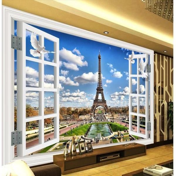 Papel pintado moderno de la pared del fondo de la TV de la torre de París del paisaje de la ventana 3D para la sala de estar 297o