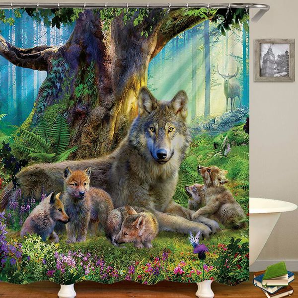 3D Wolf Deer Tiger Bear Animal Tissu imprimé rideaux de douche de salle de bain Salle de salle de bain Écran étanche à la maison imperméable avec crochets