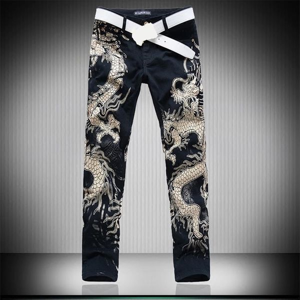 3D loup Dragon Leapord imprimé maigre noir Punk rock jean pour hommes hommes Stretch Denim pantalon pantalon 201111265R
