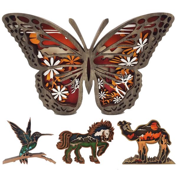 Animaux sculptés en bois 3D Figurine Décoration des oiseaux Sculpture Decorative Butterfly Statue Home Living Room Decor 231221