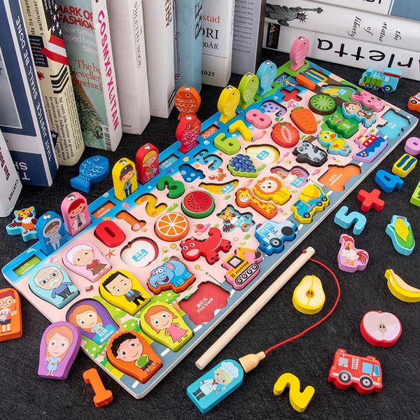 Bloques de madera 3D para niños Montessori juego de mesa de pesca magnética número letra forma bloques a juego bebé juguete educativo regalo 240118
