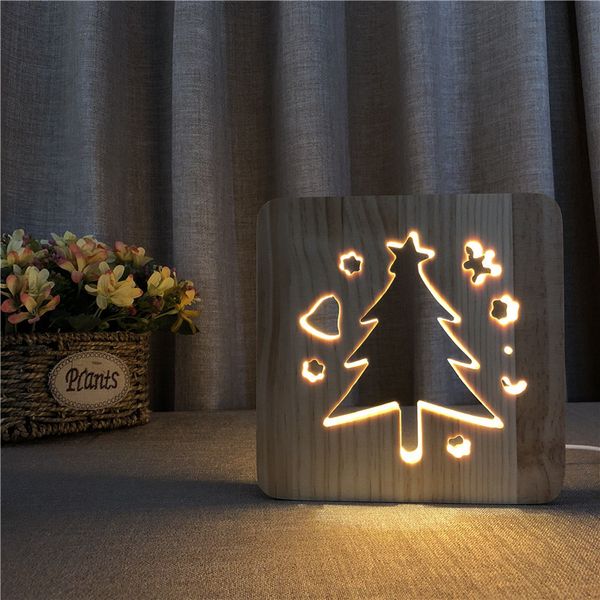 Lampe 3D en forme d'arbre de Noël en bois, veilleuse nordique en bois, blanc chaud, lampe de table LED évidée, alimentation USB comme cadeau de Noël