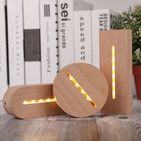 Base de lámpara de madera 3D Bases de luz nocturna USB redondas cuadradas LED para reemplazo de acrílico Soporte de mesa de haya Luces cálidas ecológicas 7 LL