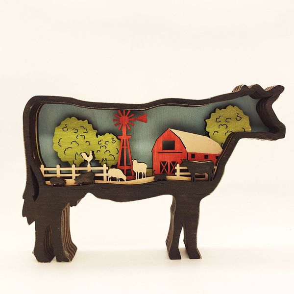 Lámpara de vaca de cerdo de madera en 3D Artesanías de madera de madera Luces de mesa LED adornos tallados decoración de dormitorio regalos de Navidad