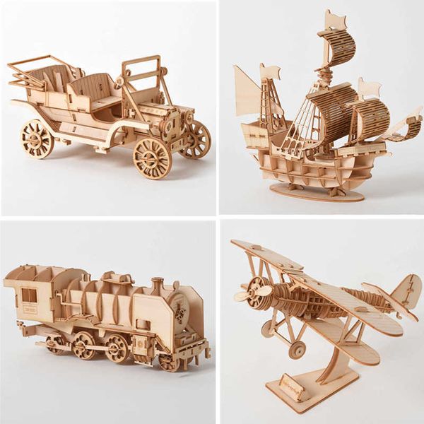 Rompecabezas de madera 3D, juguetes mecánicos hechos a mano DIY para niños, Kit para adultos, modelo de juego, barcos, tren, avión