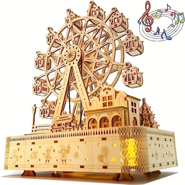 Modèle de puzzle en bois 3D Ferris Wheel Music Boxadult Toy Box intégrée Crafts LED Ornements183 PCS 240401