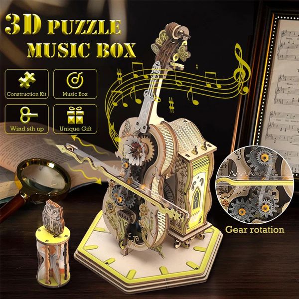 Puzzles en bois 3D Boîte de musique mécanique de violoncelle magique Boîte de musique de tige mobile Ensemble de blocs créatifs drôles pour l'enfant cadeau d'anniversaire 240422