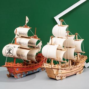 3D Houten Zeilboot Bouwstenen Destroyer Koopvaardijschip Puzzel Boot Model Bricks DIY Creativiteit Monteren Speelgoed Kinderen Gift 240110