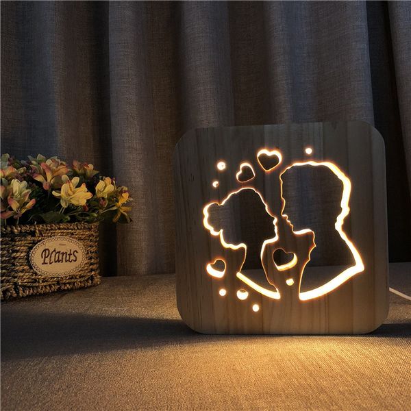 3D en bois chérie lampe nordique bois veilleuses blanc chaud évidé LED lampe de bureau USB alimentation comme cadeau d'un ami