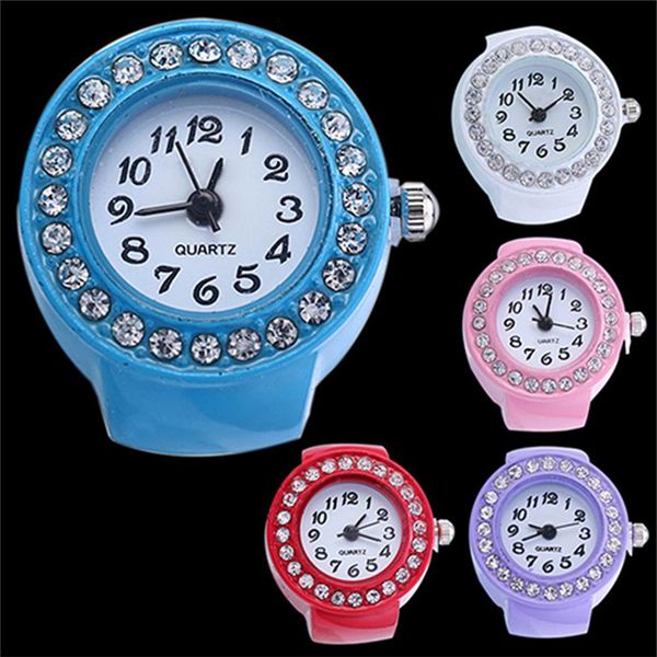 3 relojes de pulsera de cuarzo con anillo de dedo a la moda para mujer, relojes de silicona para niñas, relojes redondos con diamantes de imitación, relojes elásticos Gift238q