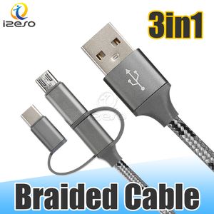 3ft gevlochten USB-kabel Type C Micro USB Cord 3 in 1 metalen duurzame mobiele telefoon Kabels voor Samsung S20 Note10 Android Phone Izeso