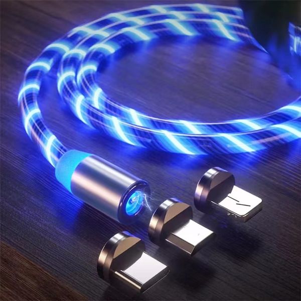 3ft 2A Cables de teléfono magnéticos 3 en 1 Cargador rápido LED Cables de luz que fluye tipo c Línea de carga Streamer Cable de carga rápida para Samsung Huawei