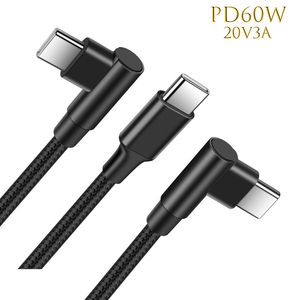 Cable USB C de carga rápida PD 60W con doble codo para Macbook Pro tipo C a USB-C QC4.0 Cable de datos Cables tipo C para móviles y tabletas