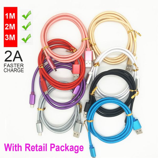 Conector de metal de 3 pies / 6 pies / 10 pies Cable tipo c Cable micro USB Sincronización de datos Cable de carga Cable de carga más fuerte sin interrupciones con paquete minorista DHL