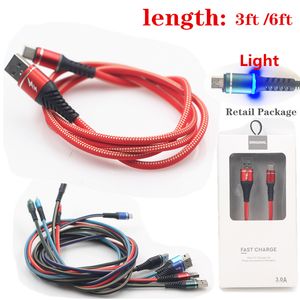 Cables de luz LED 3 pies 6 pies 3A Cable micro USB tipo c Carga rápida Teléfono móvil Android Cable de datos de cargador rápido Microusb con paquete al por menor
