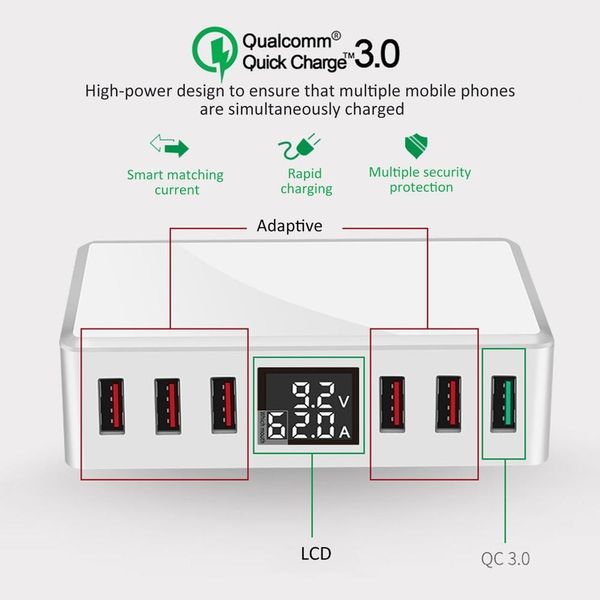 Chargeur USB multi-ports 6 QC3.0 Station d'alimentation de voyage rapide et rapide Chargeurs de téléphones portables à affichage numérique